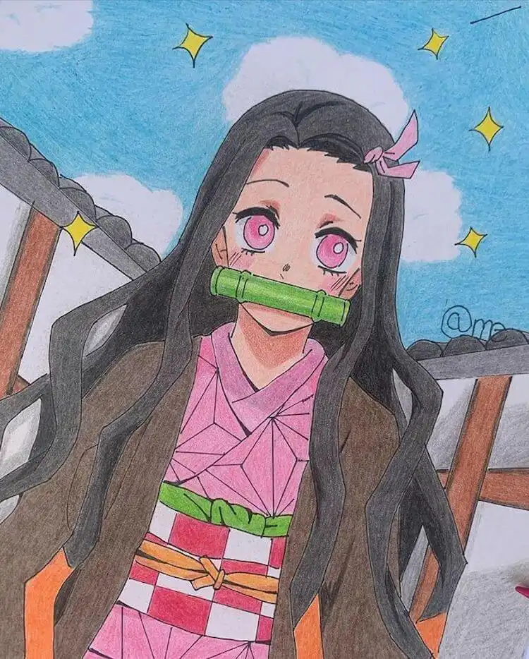 Cute Nezuko drawing colored with pencils, highlighting her soft features and pink kimono