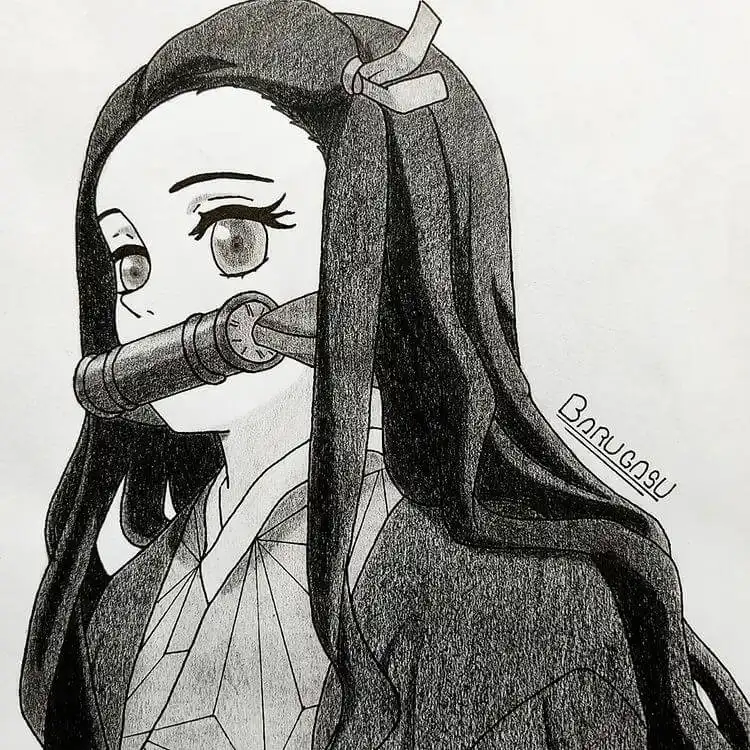 Nezuko drawing with excellent shading techniques applied to her hair and kimono