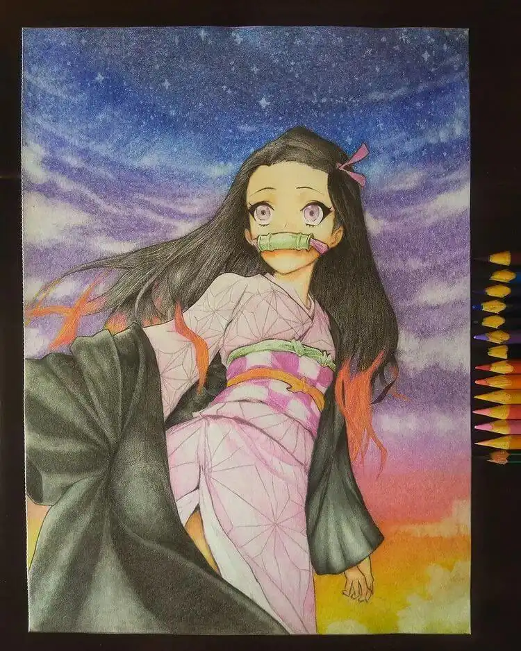 Nezuko portrait drawing with colored pencil shading emphasizing her pink eyes and dark hair