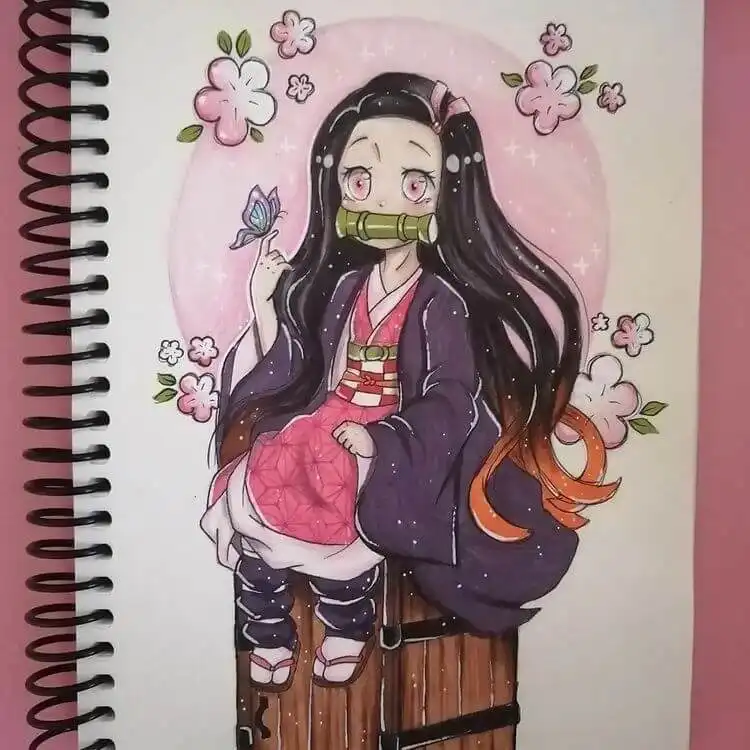 Nezuko drawing surrounded by sakura flowers, creating a beautiful and serene scene