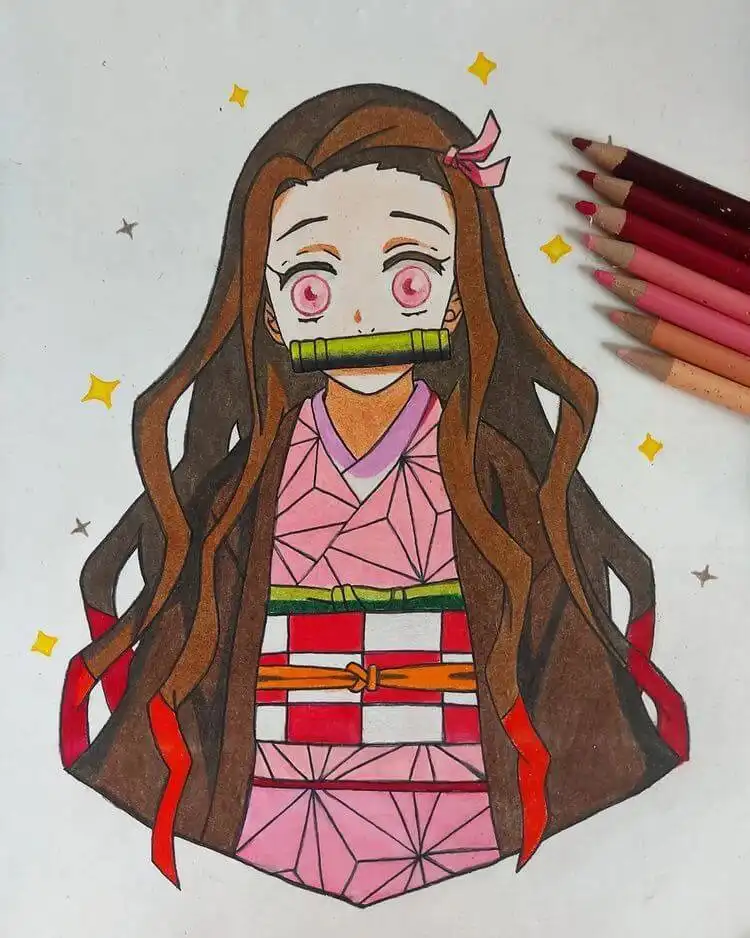 Nezuko drawing with stars in the background, adding a magical or cosmic touch