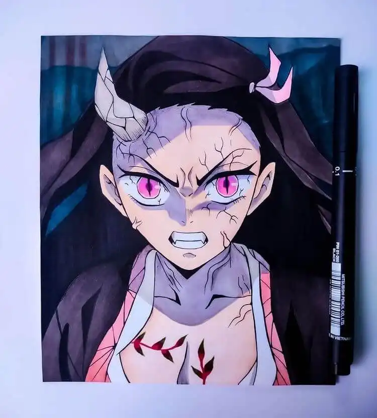 Nezuko drawing with her demon horns and intense expression, showcasing her power