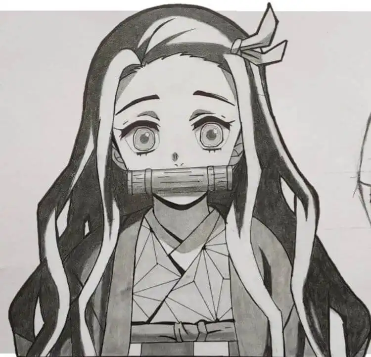 Upper body Nezuko drawing focusing on her face, kimono, and hair details