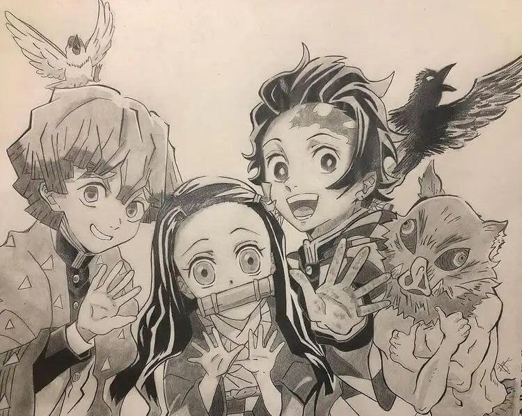 Detailed Demon Slayer drawing featuring Nezuko, illustrating character interaction and composition