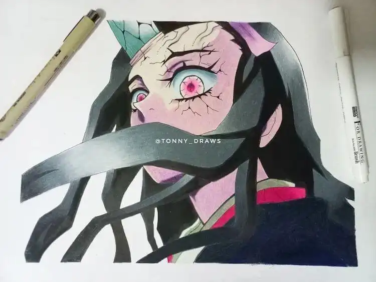Dynamic fan art of Nezuko in her demon slayer uniform with her signature bamboo muzzle