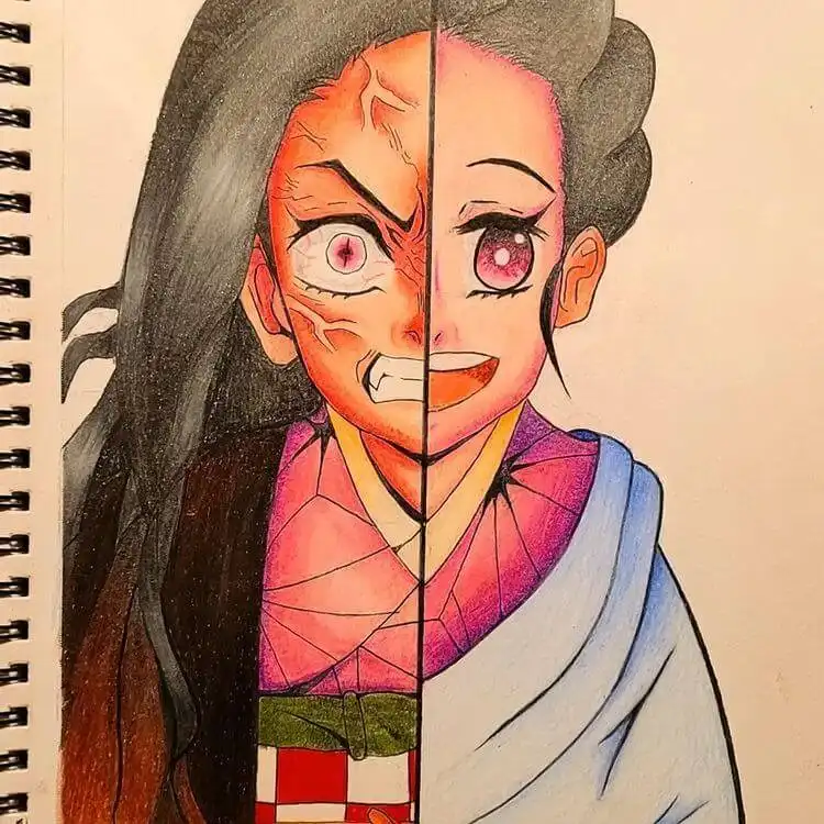Nezuko drawing with half of her face showing human and demon characteristics, highlighting her duality
