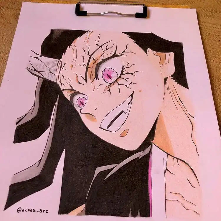 Nezuko drawing with an intense, mean expression showcasing her aggressive demon side