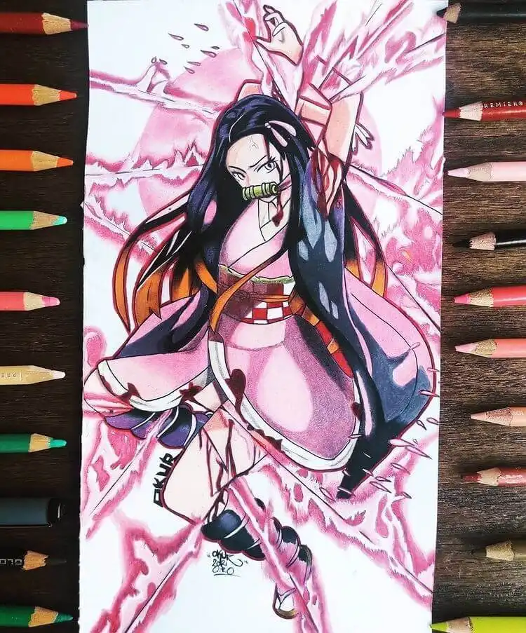 Full body Nezuko drawing, perfect for studying proportions and costume details