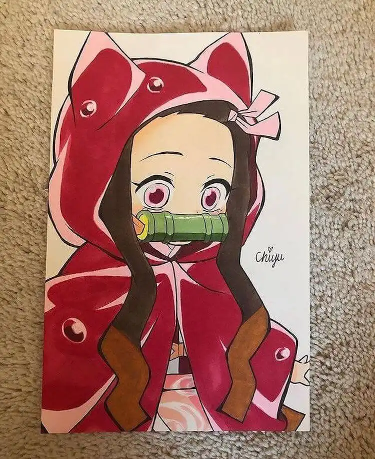 Chibi or baby Nezuko drawing, an easy and cute style for beginners
