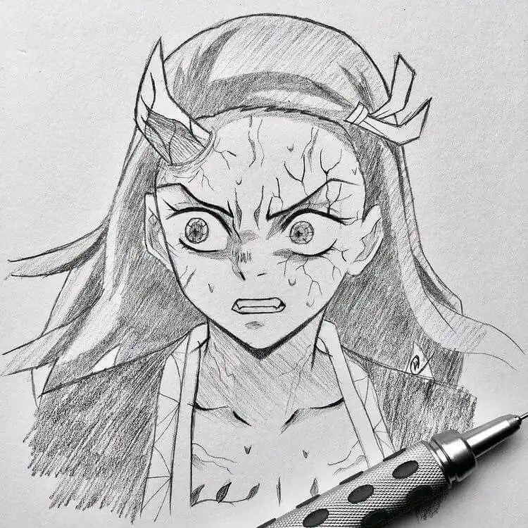 Nezuko drawing with an angry, powerful expression during battle