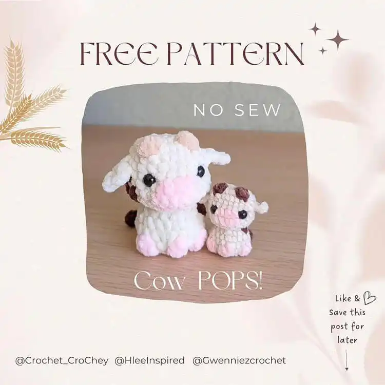 No-Sew Amigurumi Crochet Patterns No-Sew Bronto 11 Two no-sew 'Cow Pops' amigurumi, one black and white, featuring heads that pop up and down.