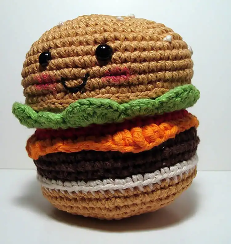 No-Sew Amigurumi Crochet Patterns No-Sew Bronto 12 A realistic no-sew amigurumi hamburger with cheese, lettuce, and tomato details.