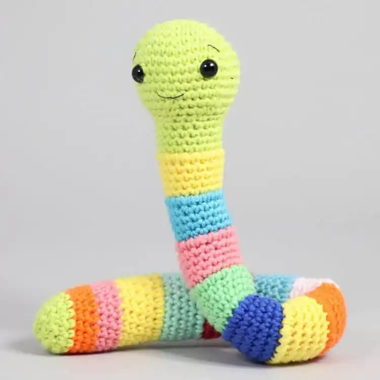 No-Sew Amigurumi Crochet Patterns No-Sew Bronto 7 A colorful, segmented no-sew Willy Worm crochet toy with bright stripes.