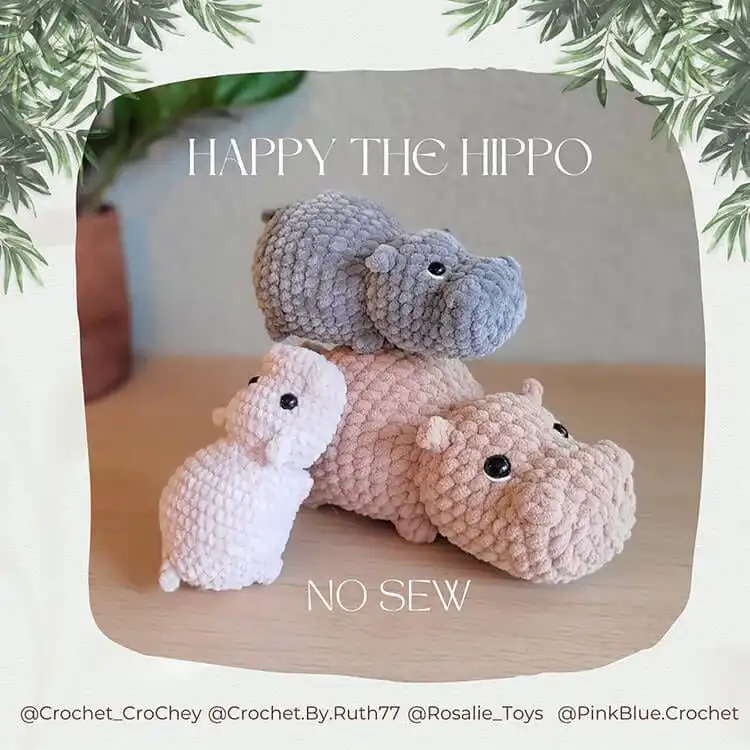 No-Sew Amigurumi Crochet Patterns No-Sew Bronto 9 A cute grey no-sew Happy the Hippo amigurumi with small ears and snuggled pose.