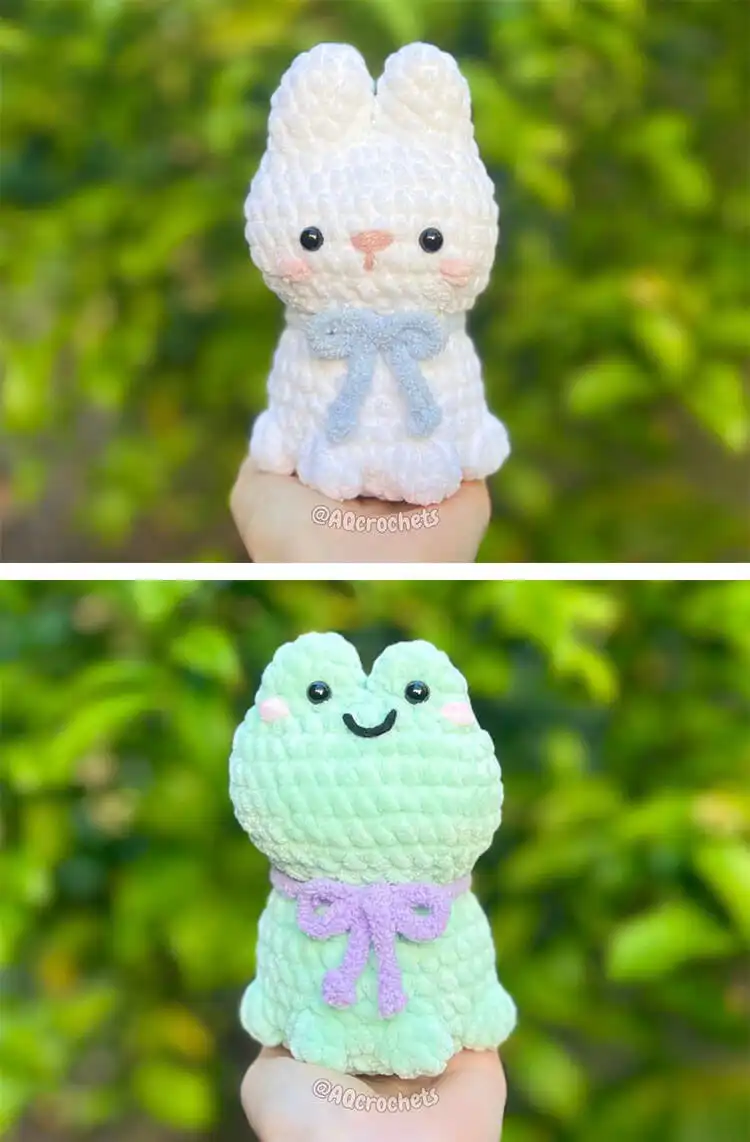 No-Sew Amigurumi Crochet Patterns No-Sew Bronto 10 A pair of no-sew amigurumi: a white bunny with pink ears and a green frog with big eyes.