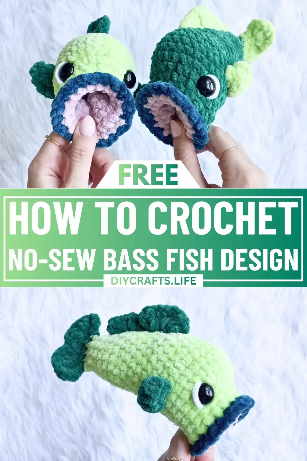 Finished No-Sew Crochet Bass Fish proudly displayed, showcasing all its details and smooth finish.