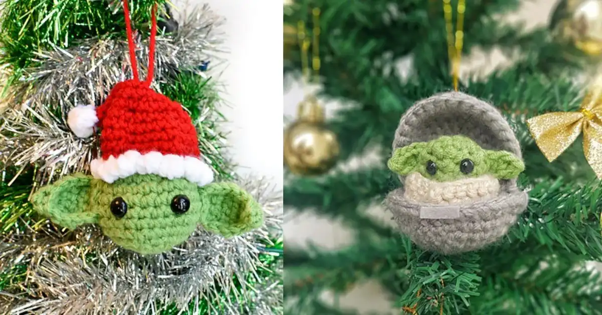 Collection of various Baby Yoda Christmas ornament free crochet patterns displayed on a festive background.