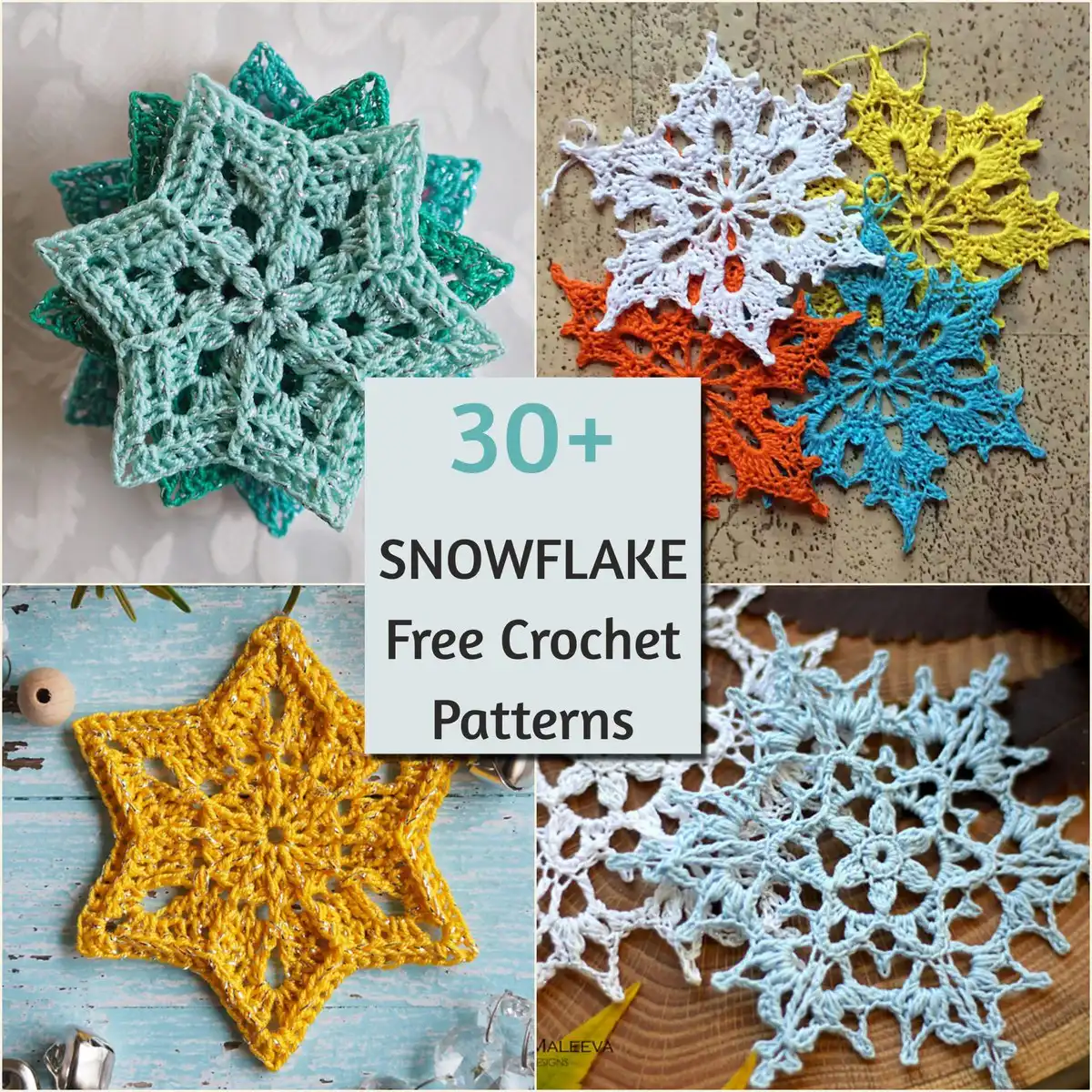 A collection of delicate, intricately crocheted white snowflakes displayed beautifully for winter decoration inspiration.