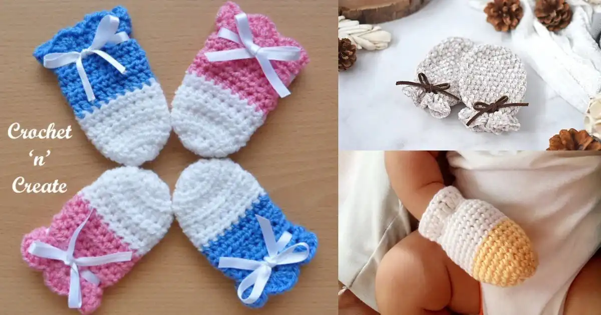 Collection of various free crochet patterns for newborn or baby mitts in different styles and colors
