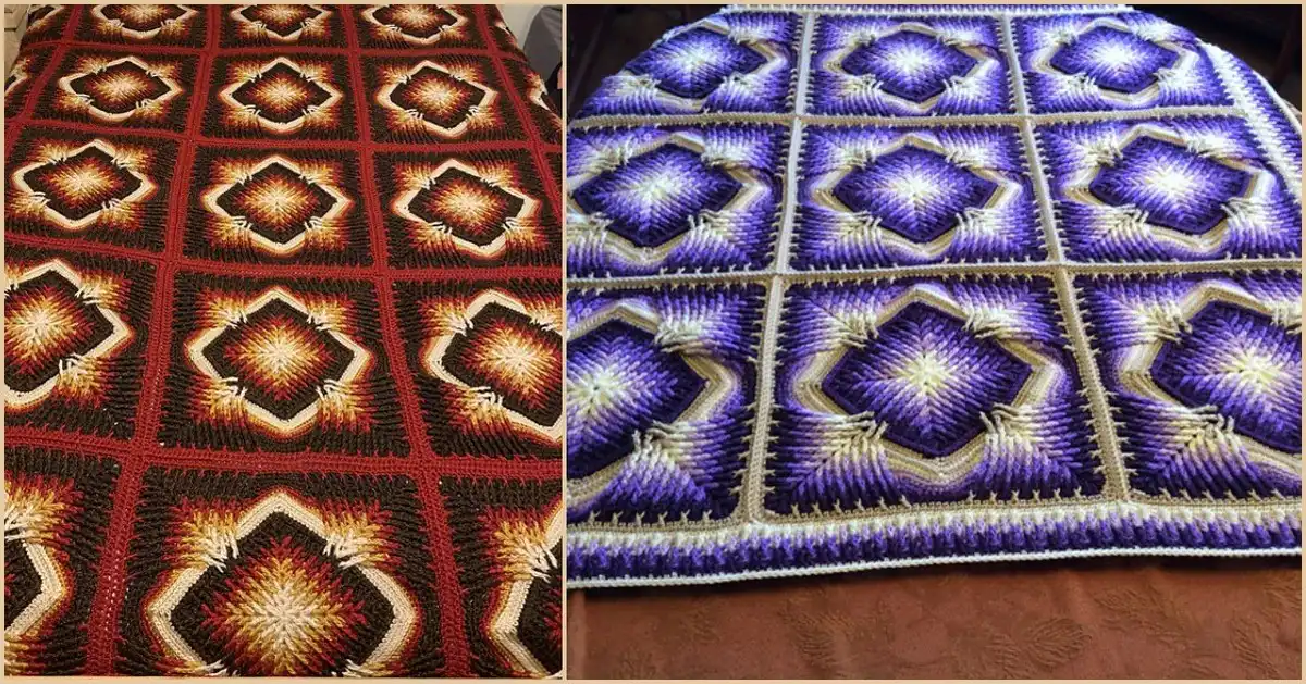 A beautifully crocheted Elements CAL bedspread showcasing intricate square motifs and vibrant color transitions.