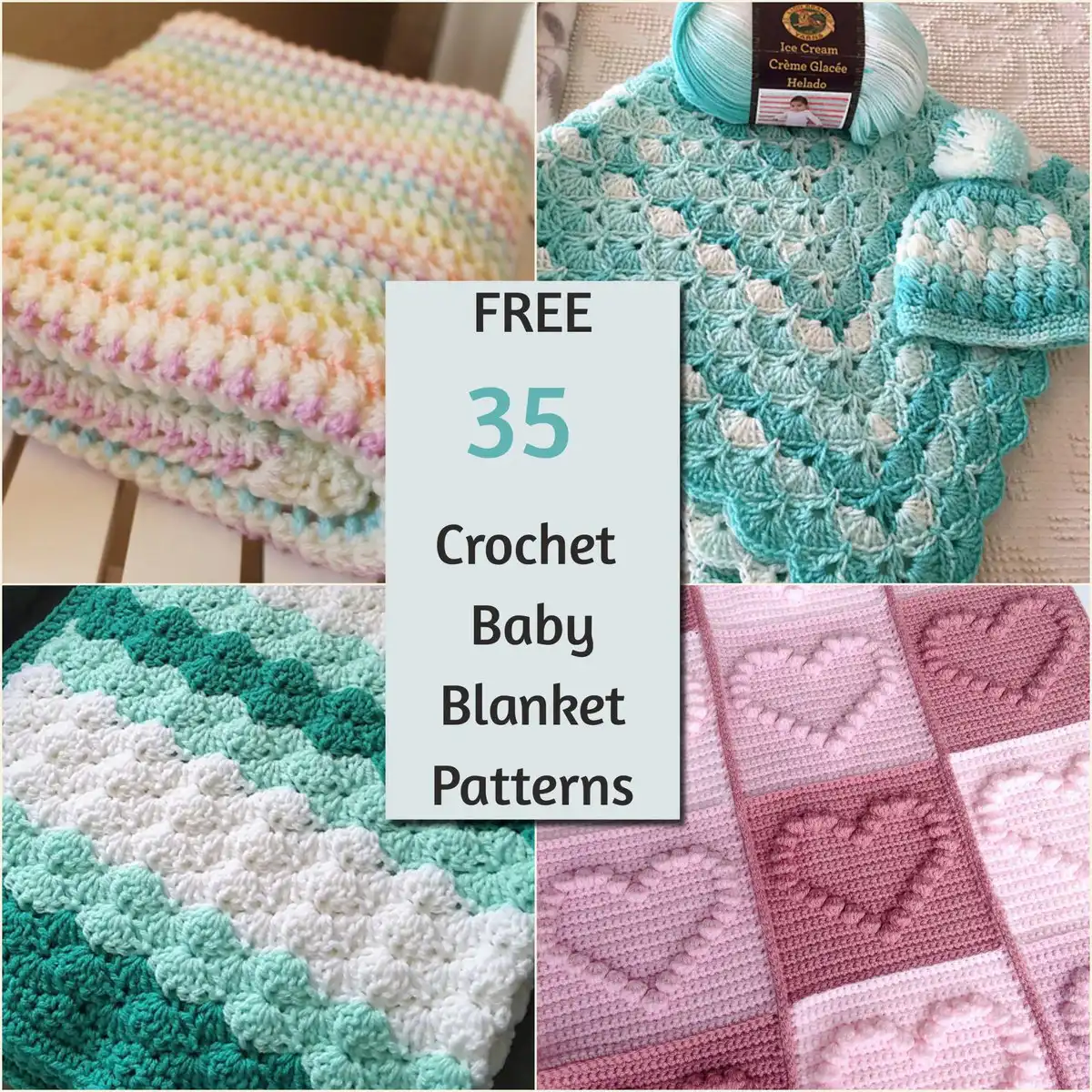 A collection of various free crochet baby blanket patterns showcasing different colors, textures, and designs, perfect for DIY crafters.