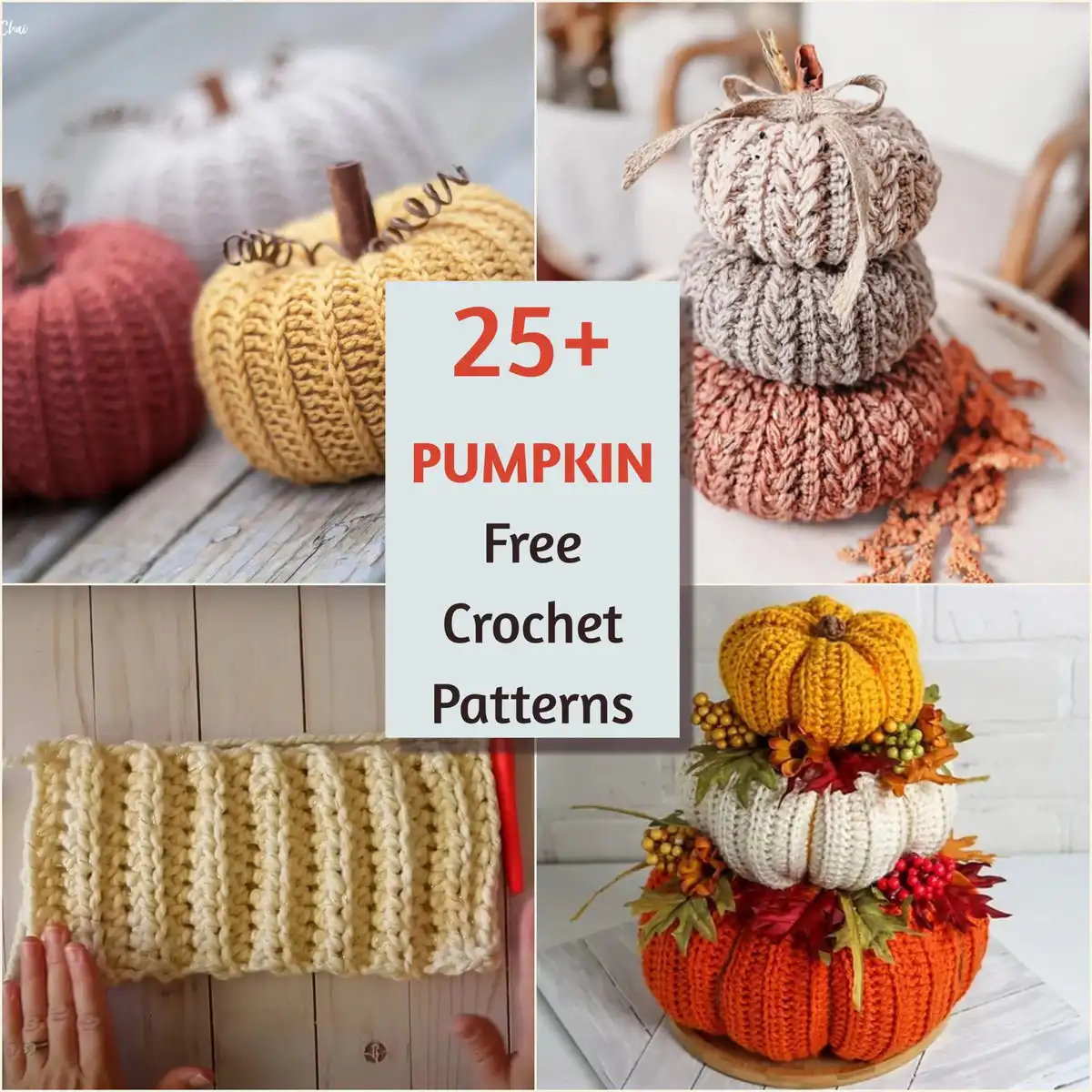 A vibrant collection of crocheted pumpkins in various sizes, colors, and textures, showcasing different free crochet pumpkin patterns for fall home decor.