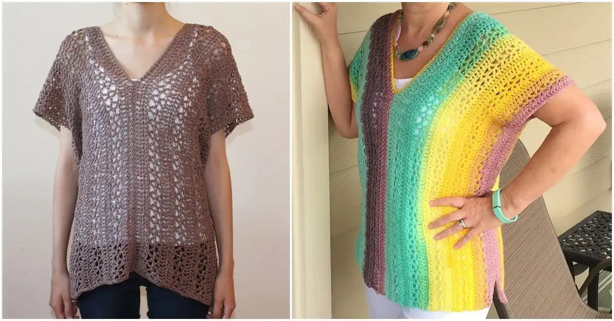 Collection of various stylish summer crochet tunics in different designs and colors