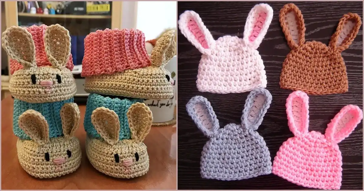 Collection of crochet Easter baby hats and booties featuring bunny and lamb designs on a rustic wooden surface.
