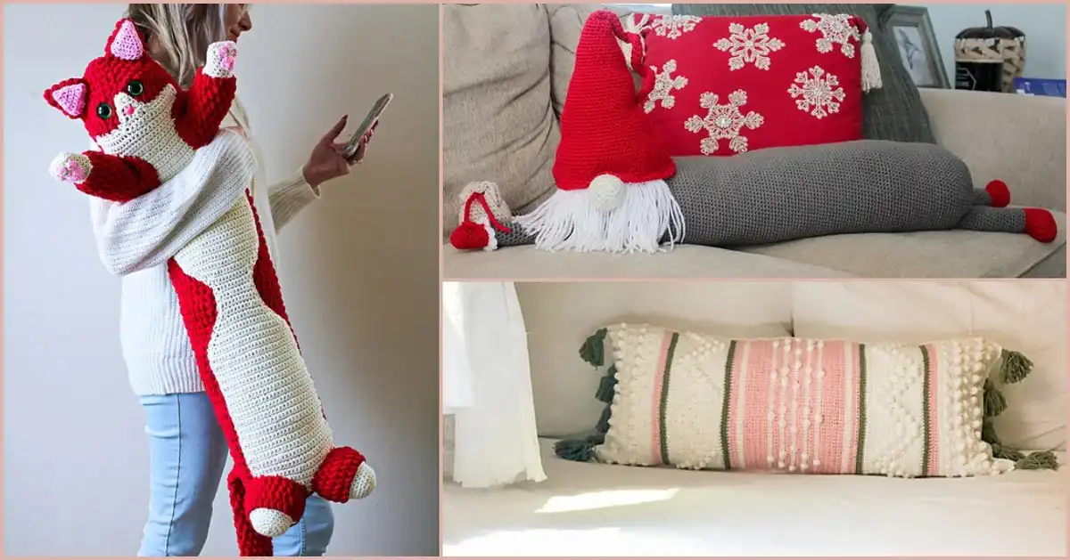 Collection of various draft dodger pillow free crochet patterns, including long, cylindrical, and animal-shaped designs, showcasing cozy home decor
