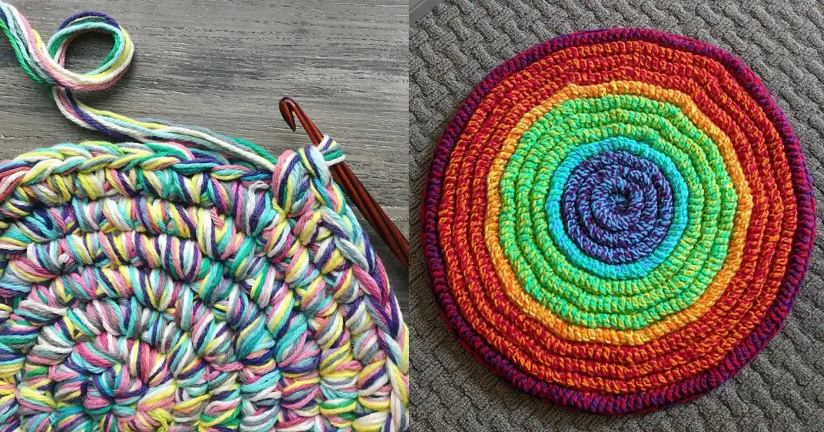 A collection of colorful circular rugs made from yarn scraps, showcasing various textures and patterns perfect for home decor.