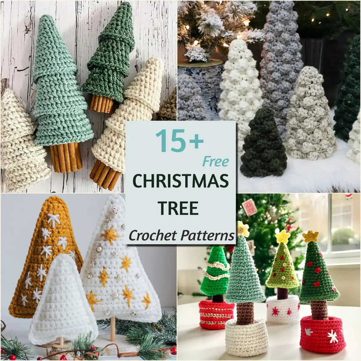 A beautiful collection of various crochet Christmas tree patterns, showcasing different sizes, textures, and colors perfect for festive home decor.