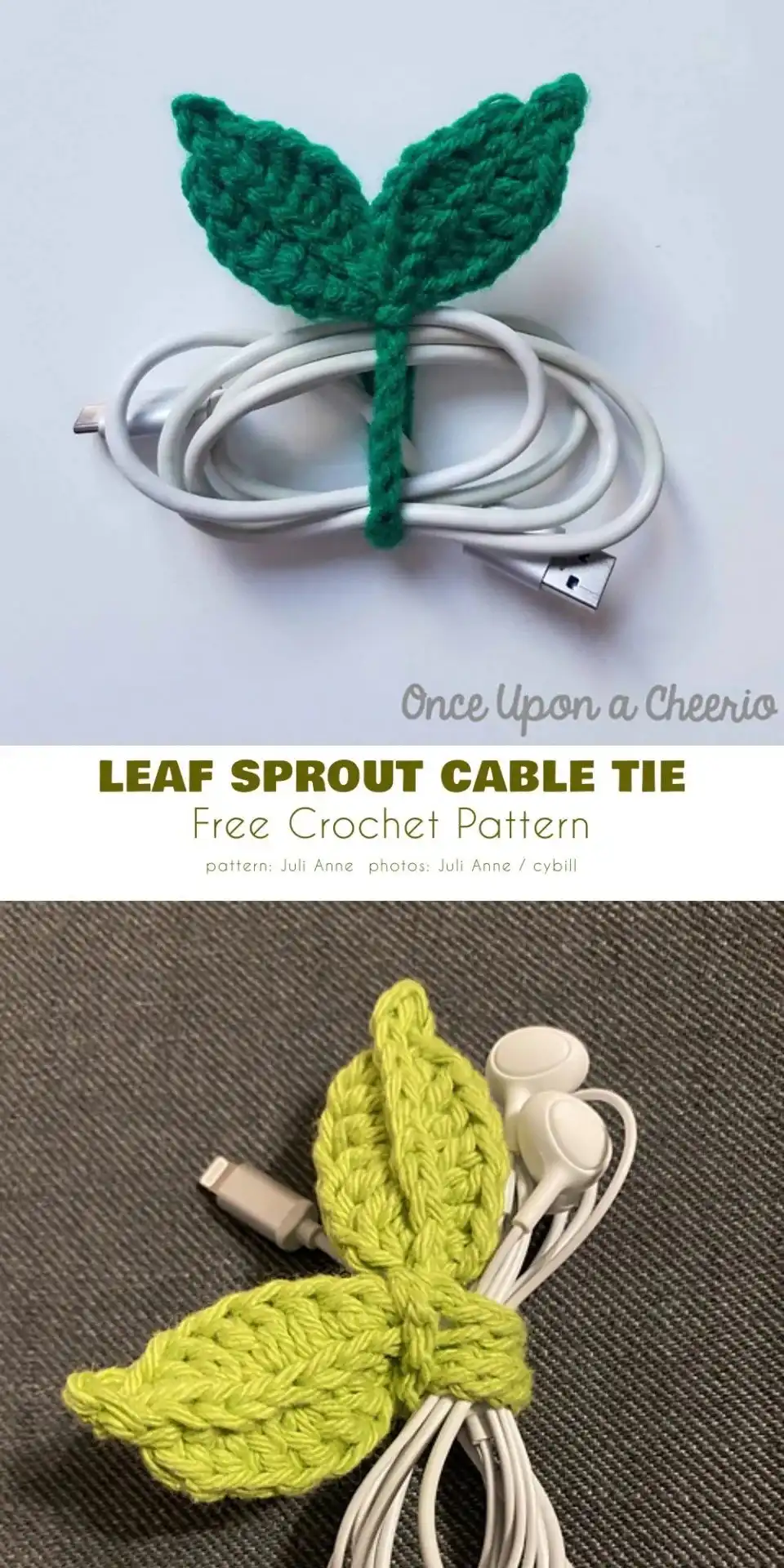 Close-up of a crocheted leaf sprout cable tie securing a white charging cable