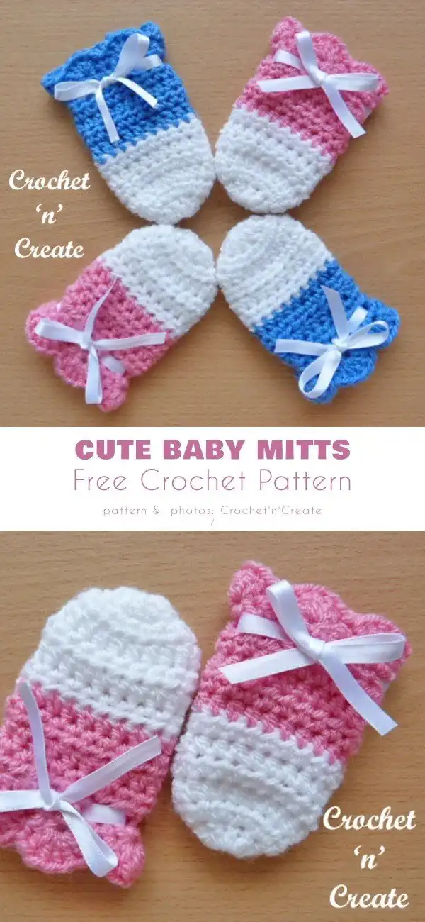 Close-up of cute crocheted baby mitts with a small bow drawstring, in a soft pastel color (pattern 1)