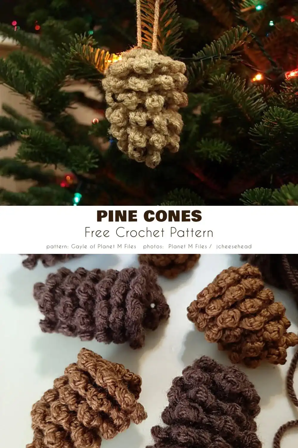 Close-up of a variety of small, handmade crochet ornaments, including spruce, acorn, and pine cone designs, illustrating the 'not-given' patterns.