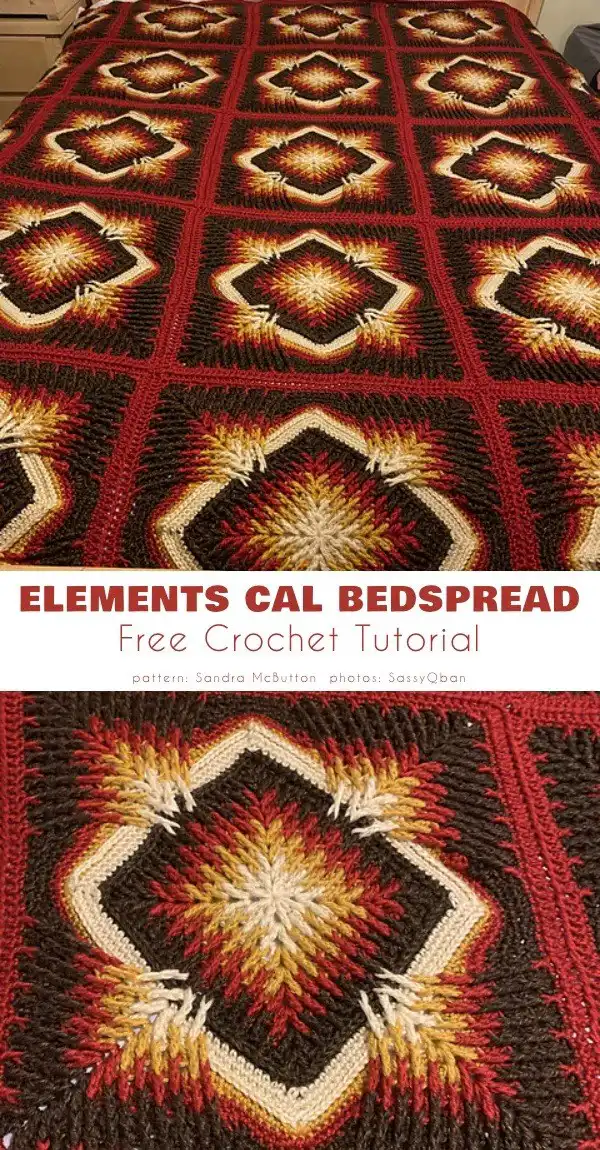 Close-up of an Elements CAL bedspread crafted in warm redwood and flame tones, highlighting detailed stitches.