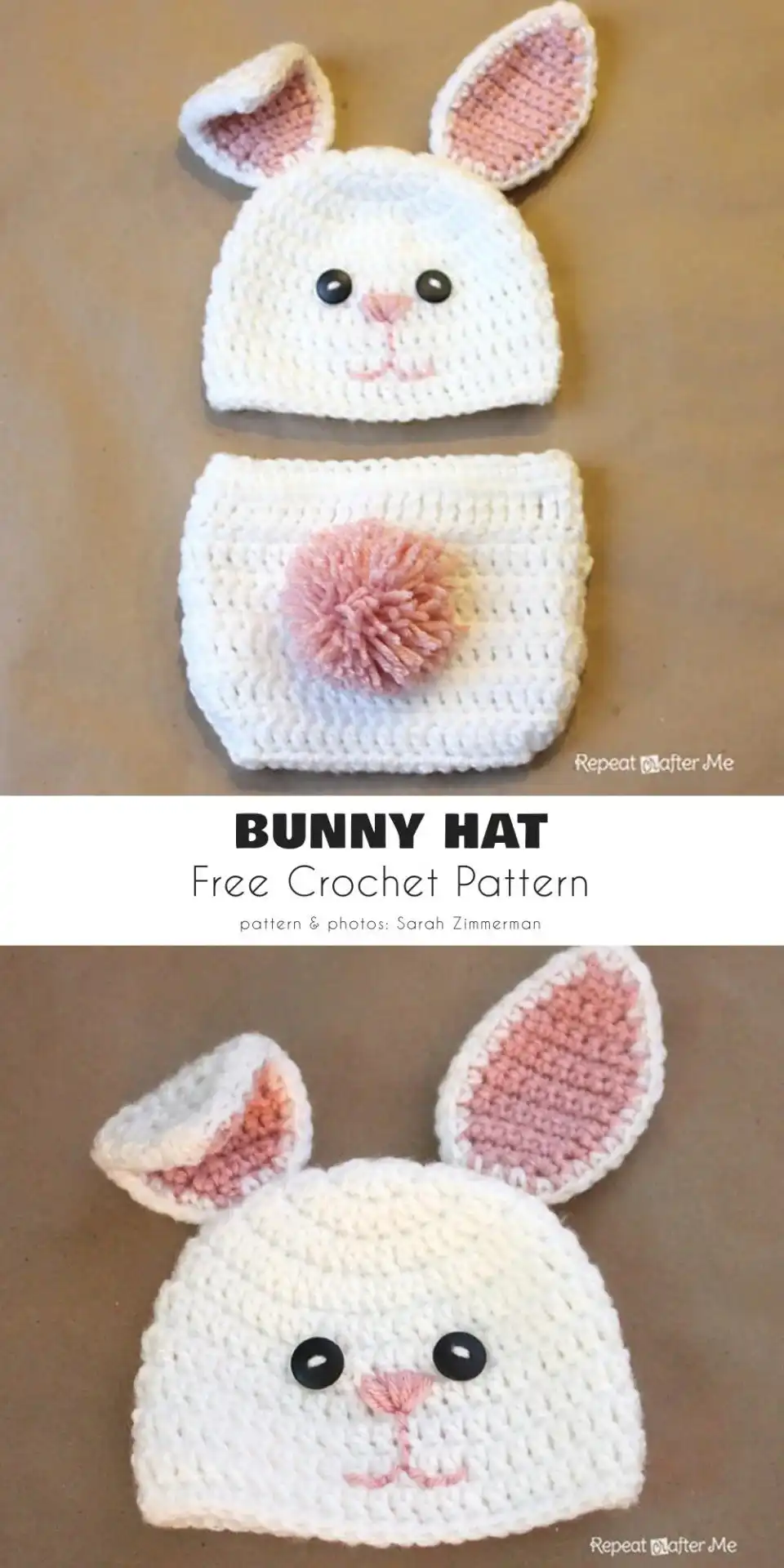 Close-up of a white crochet bunny hat for baby with long, floppy ears.