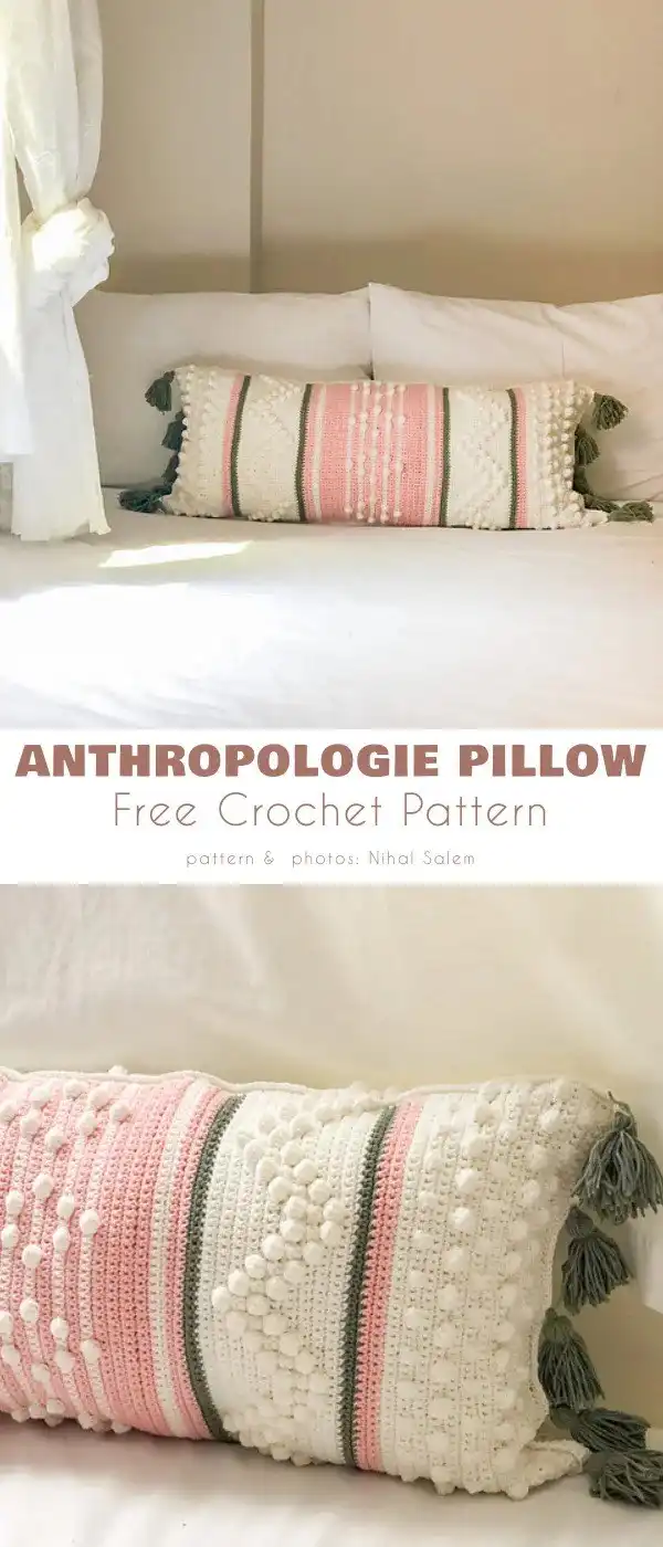 Elegant Anthropologie-inspired draft dodger pillow free crochet pattern with textured stitches in neutral tones, enhancing a living space