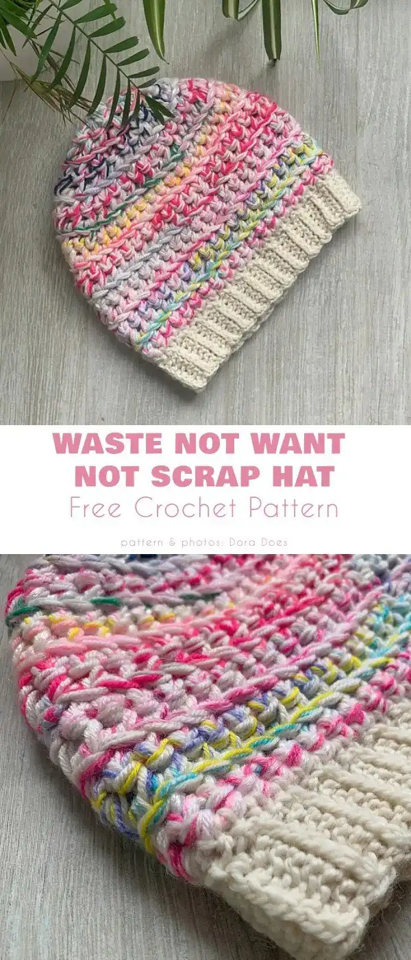 Crocheted not-given 'Stashbusting Beanie' made from colorful yarn scraps