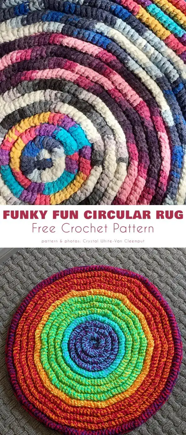 Close-up of a 'Funky Fun Circular Rug' crocheted from diverse, colorful yarn scraps, displaying a vibrant, textured pattern.