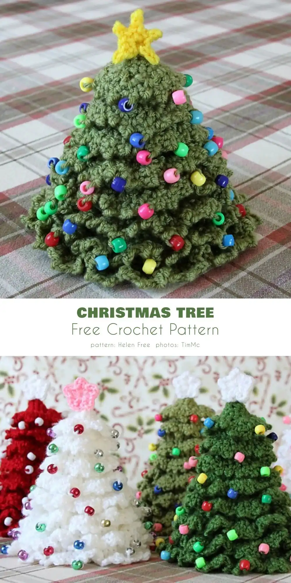 Crochet Christmas tree with a perfectly integrated yellow star on top, a complete decorative piece.