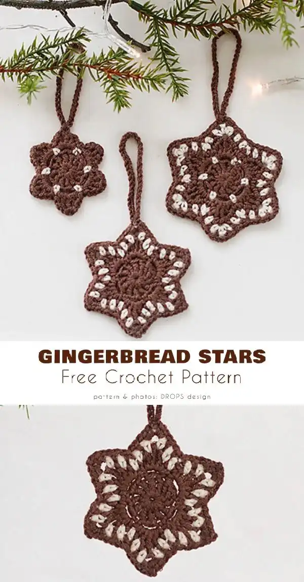 Set of crocheted gingerbread heart ornaments with white scalloped frosting edges.