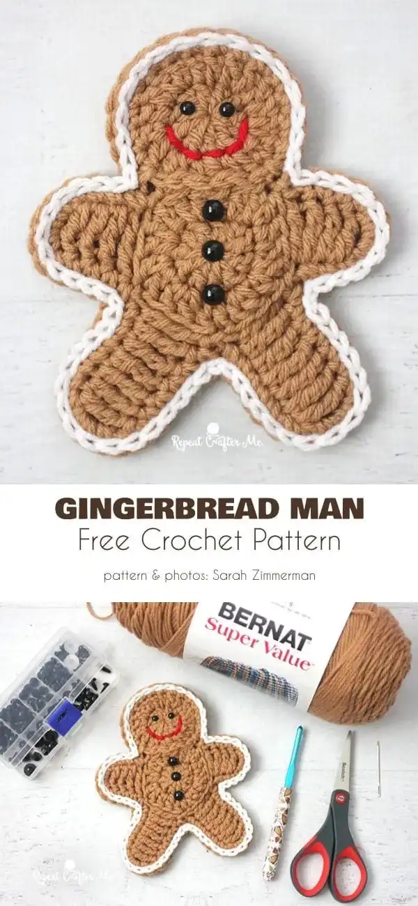Crocheted gingerbread star ornaments with white icing outline, hanging on a branch.