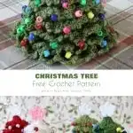 Luxurious green crochet Christmas tree heavily embellished with beads and sequins, sparkling beautifully.