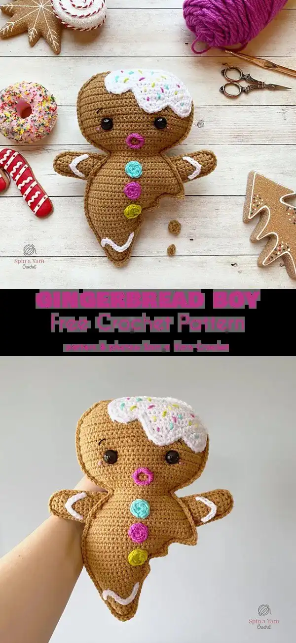 Classic crocheted gingerbread man ornament with simple white frosting details.