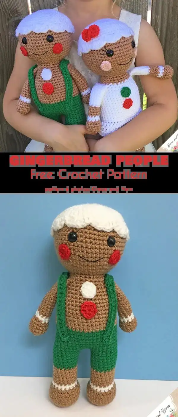 Whimsical crocheted gingerbread boy with unique frosting details and playful expression.