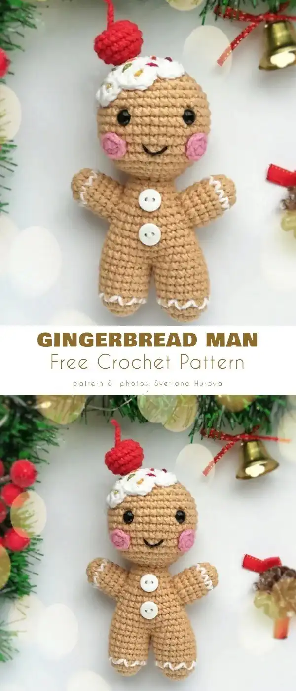 Two larger, plush crocheted gingerbread people, suitable as toys or decorations.