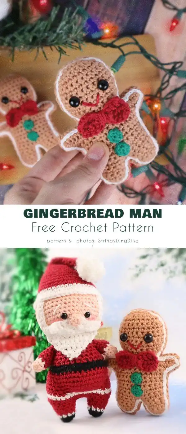 Three-dimensional mosaic-style crocheted gingerbread man with a unique textured appearance.