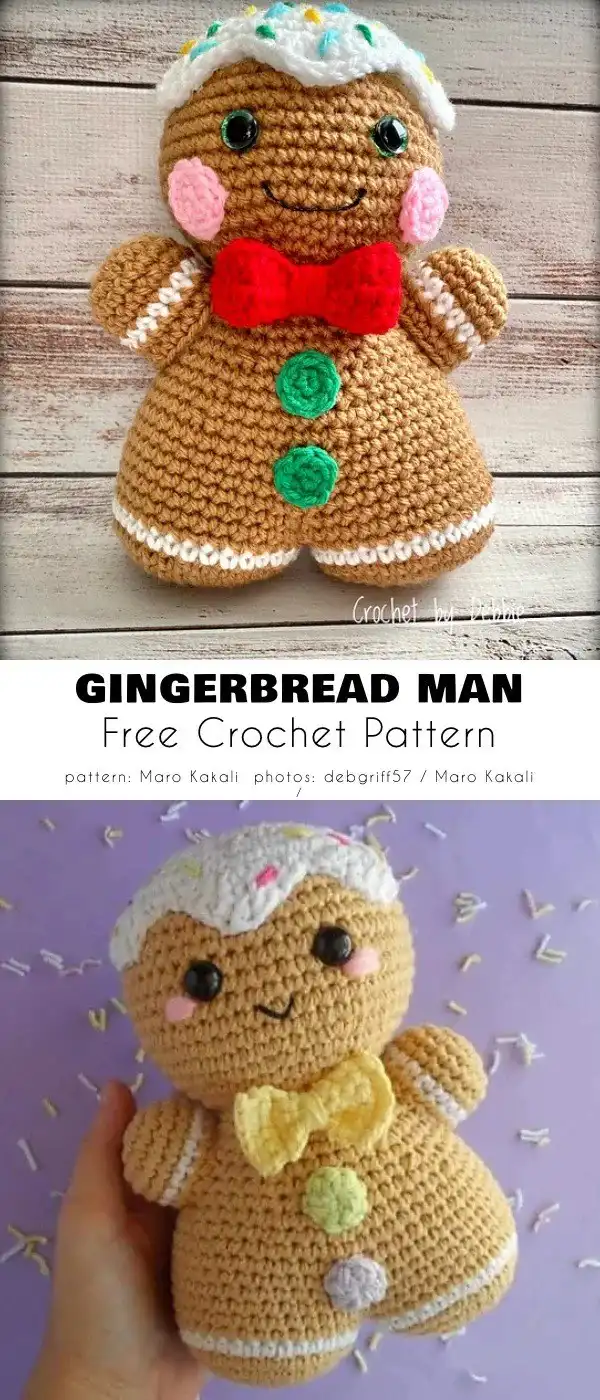 Traditional cookie-cutter style crocheted gingerbread man with perfect white icing border.