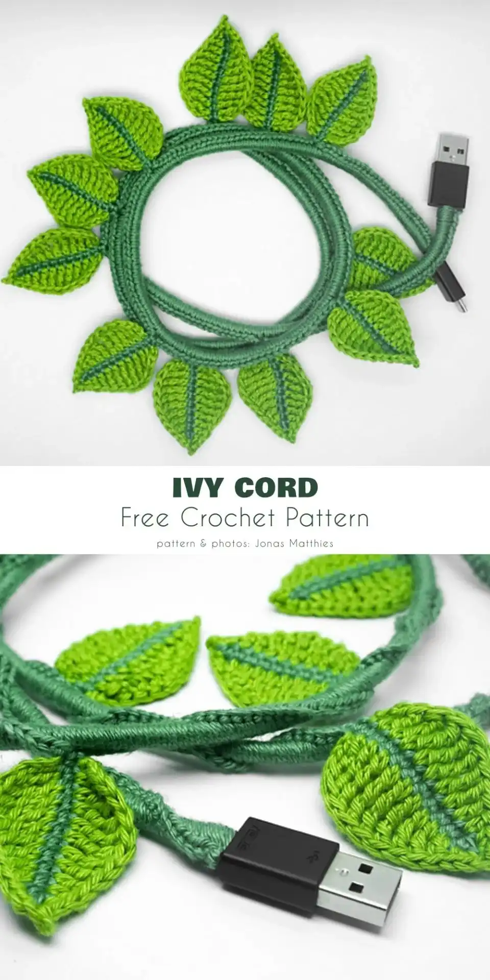 Smartphone charging cable wrapped in a crocheted ivy cord design with green yarn