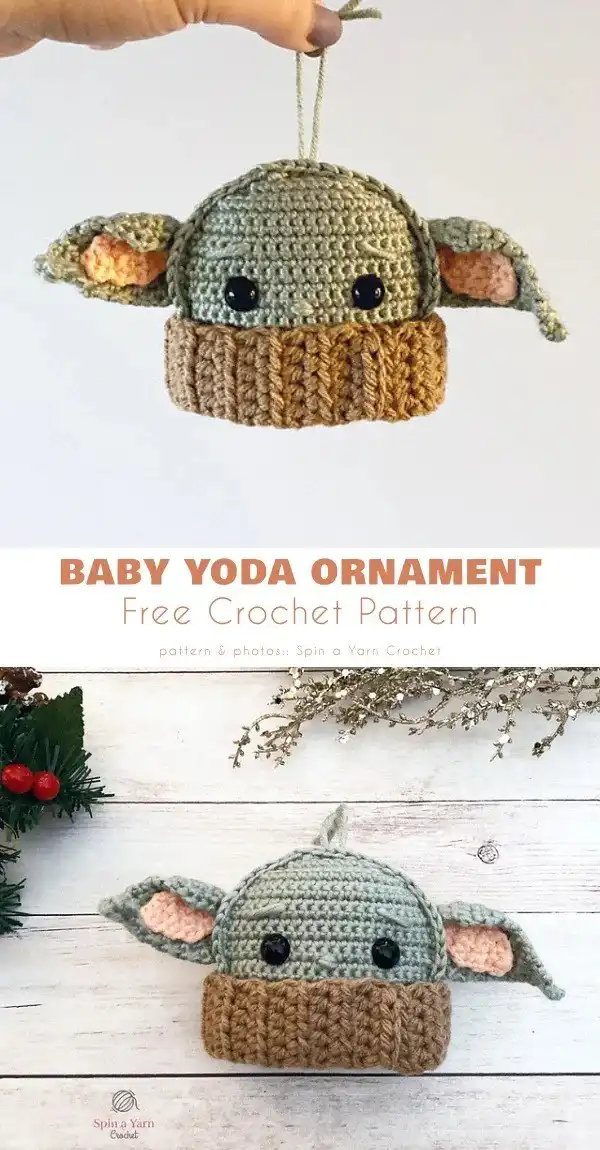 Close-up of a crocheted Baby Yoda ornament with large ears and soulful eyes, showcasing intricate amigurumi details.